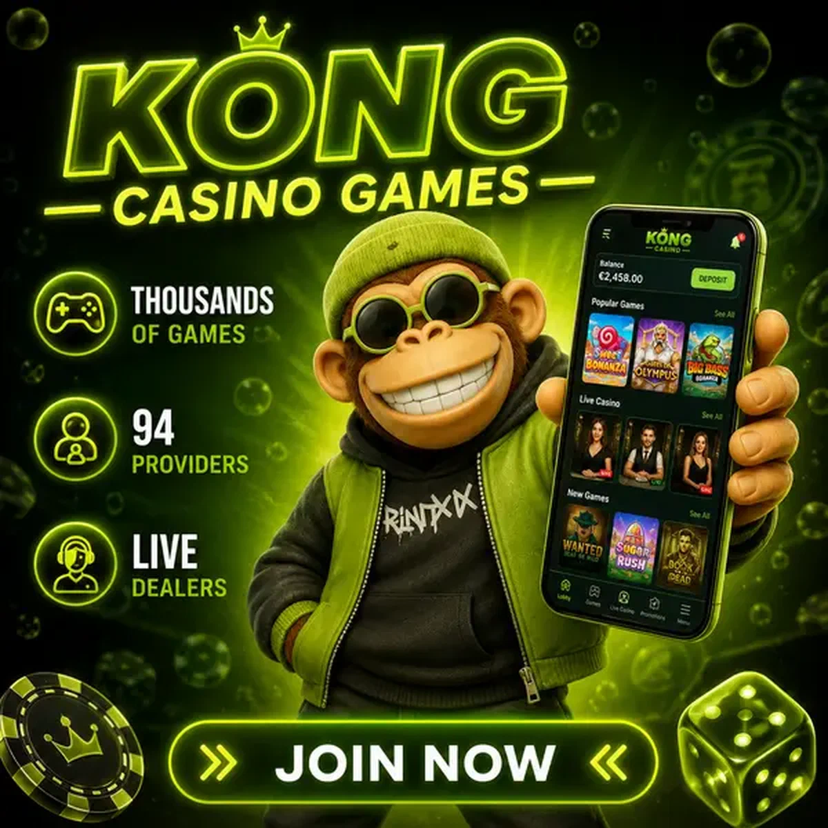 Bonus Kong Casino Spiele begrüßt Spieler zu Tausenden von Spielautomaten in neonbeleuchteter Arcade
