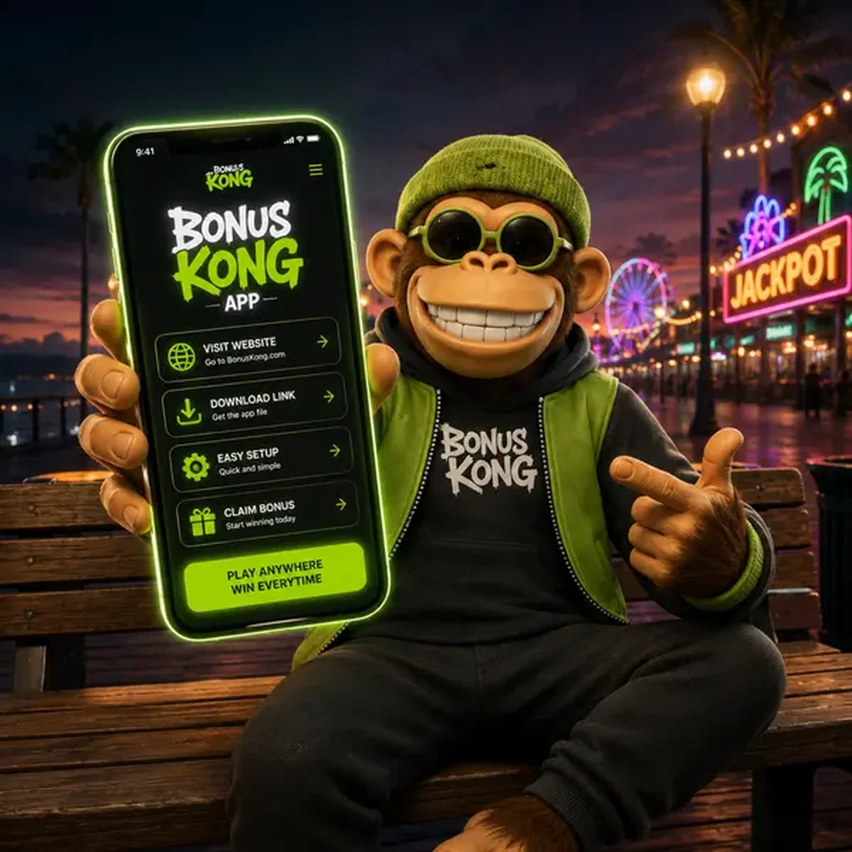 Spieler lädt Bonus Kong App auf leuchtendem Smartphone an neonbeleuchteter Strandpromenade herunter