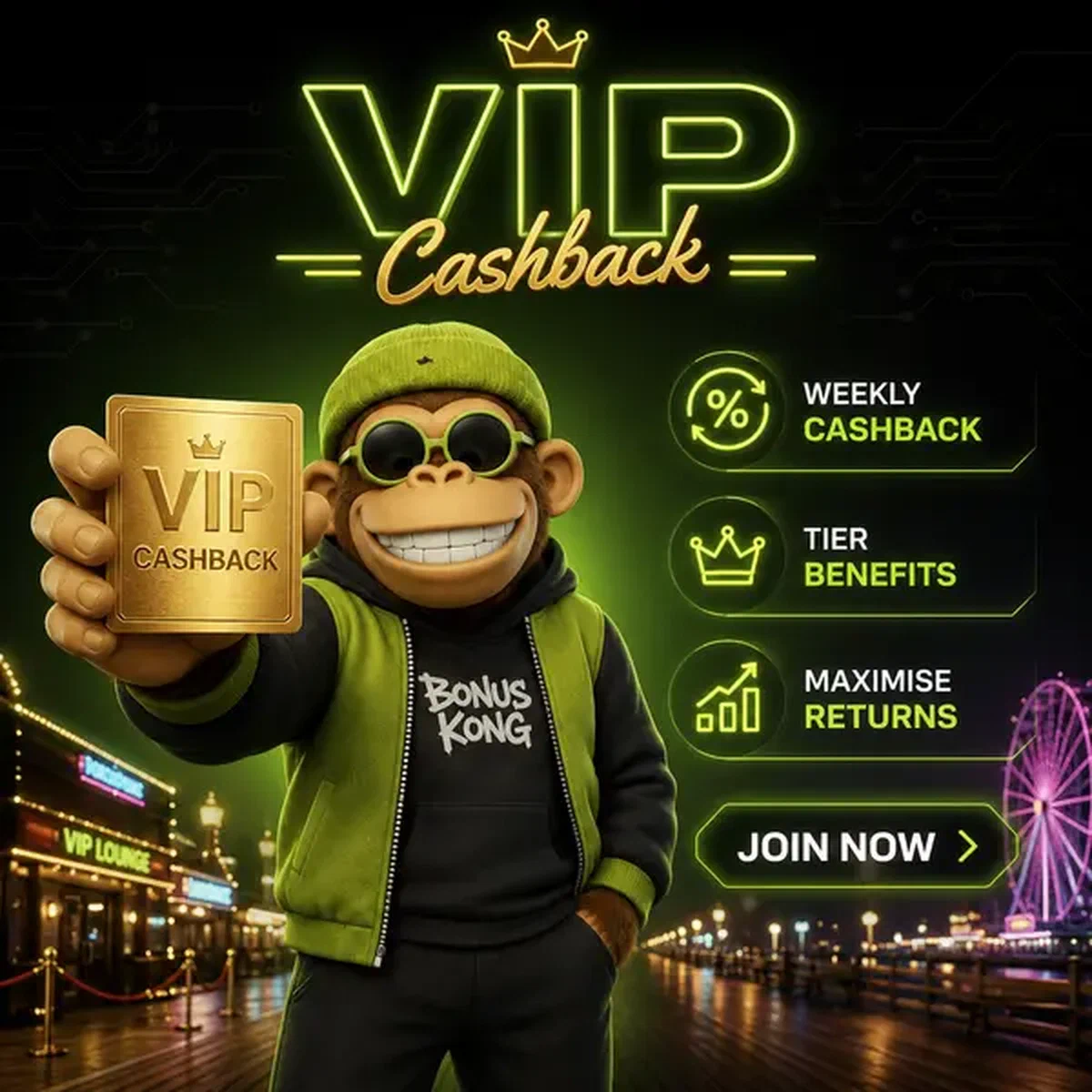 Bonus Kong präsentiert VIP-Cashback-Karte am neonbeleuchteten Boardwalk-Casino-Eingang
