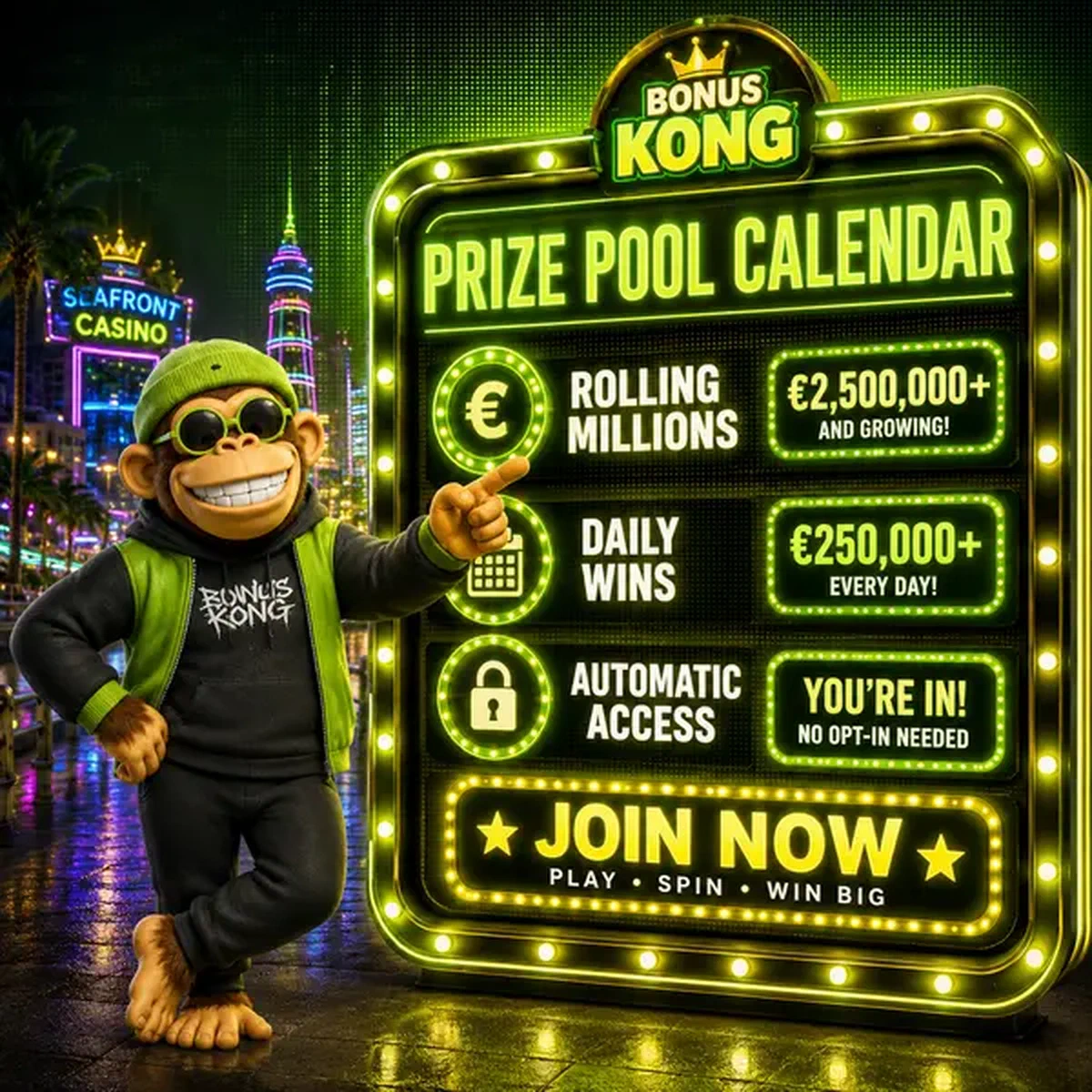 Bonus Kong zeigt auf Multi-Million Prize Pool Calendar Anmeldetafel mit rollenden Jackpots