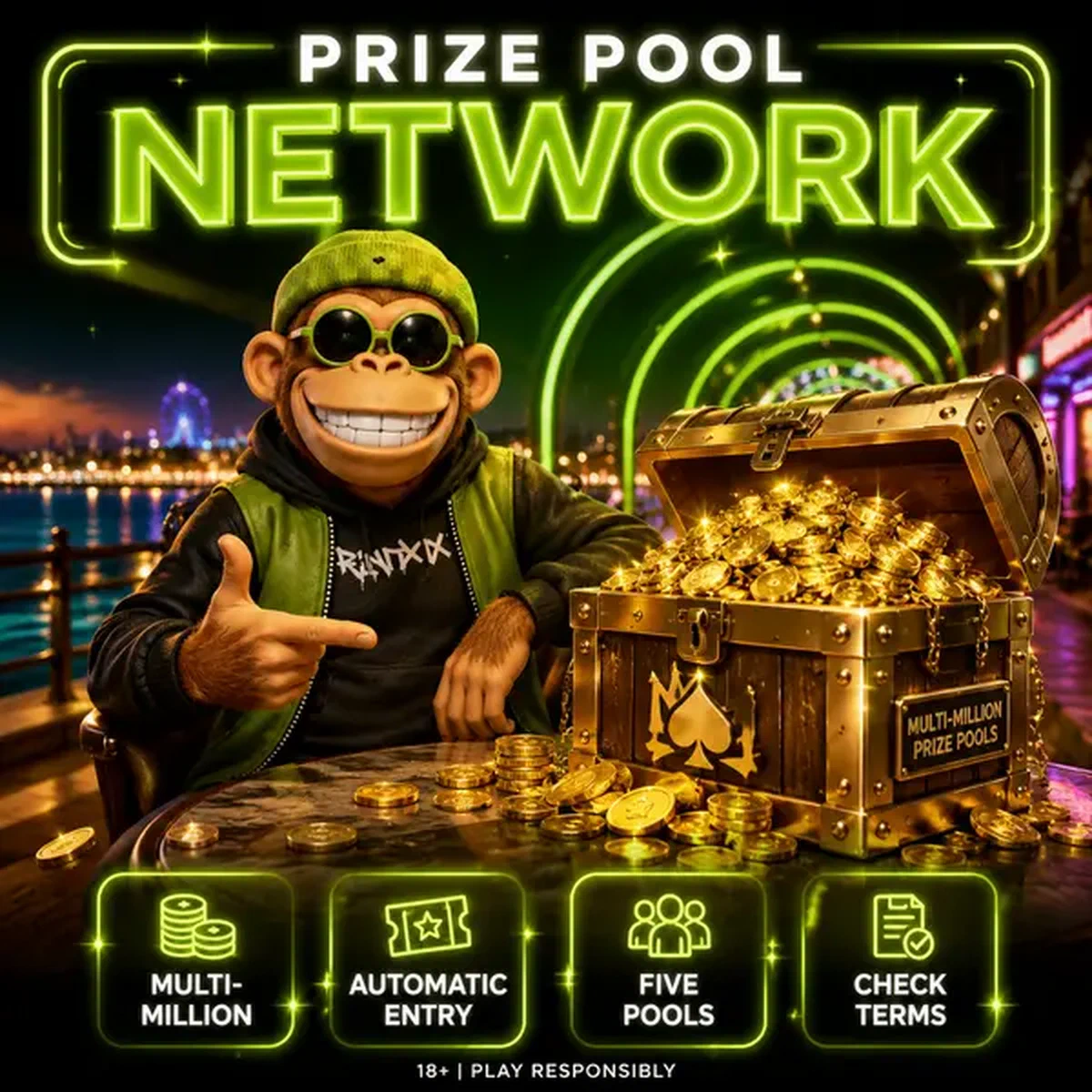 Bonus Kong deutet auf Multi-Millionen-Preispool-Netzwerk-Schatztruhe voller Münzen