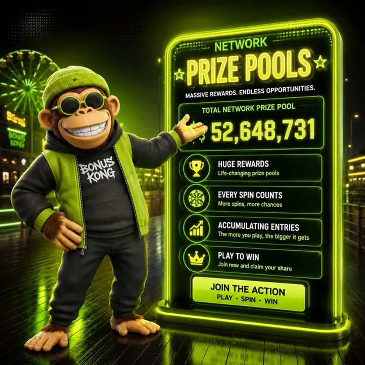 Bonus Kong gestikuliert auf leuchtendem Preistafel, das Network Prize Pools und Freispiele beim Turnier zeigt
