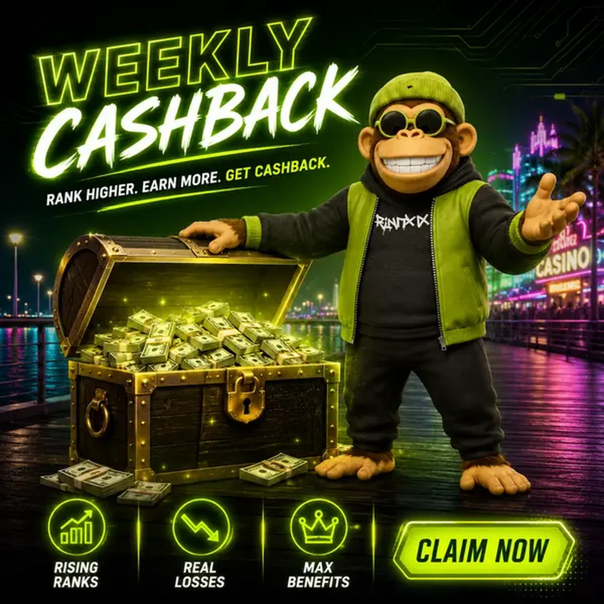 Bonus Kong lädt Spieler ein, wöchentliche Cashback-Belohnungen am neonbeleuchteten Login-Portal zu beanspruchen
