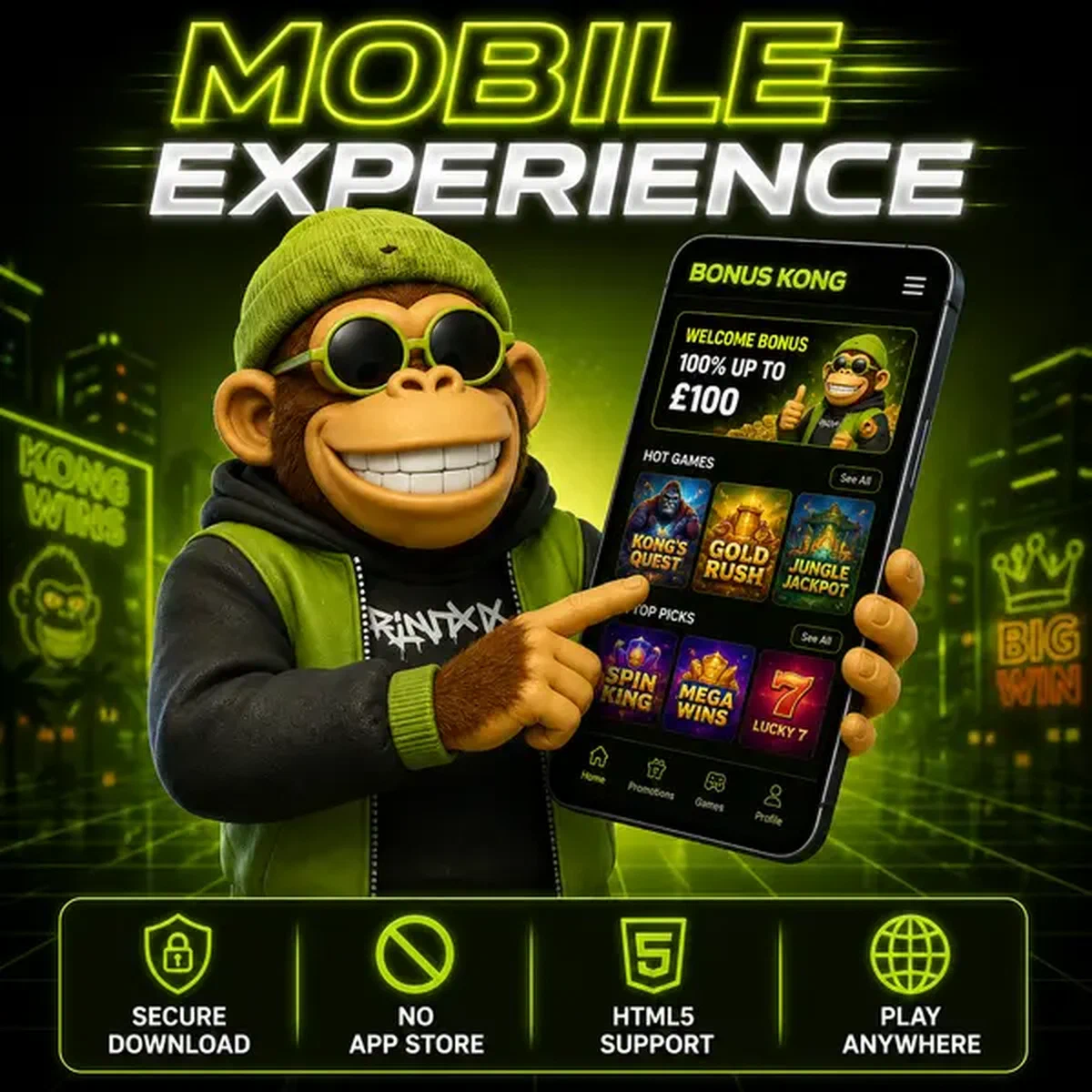 Bonus Kong Mobile Experience app gloeit op smartphonescherm met gamingmeldingen