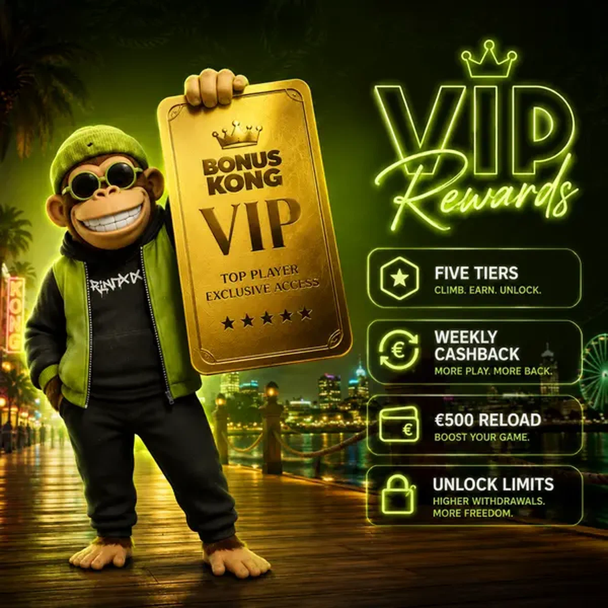 Bonus Kong VIP präsentiert goldene Treuekarte mit exklusiven Prämien und wöchentlichem Cashback