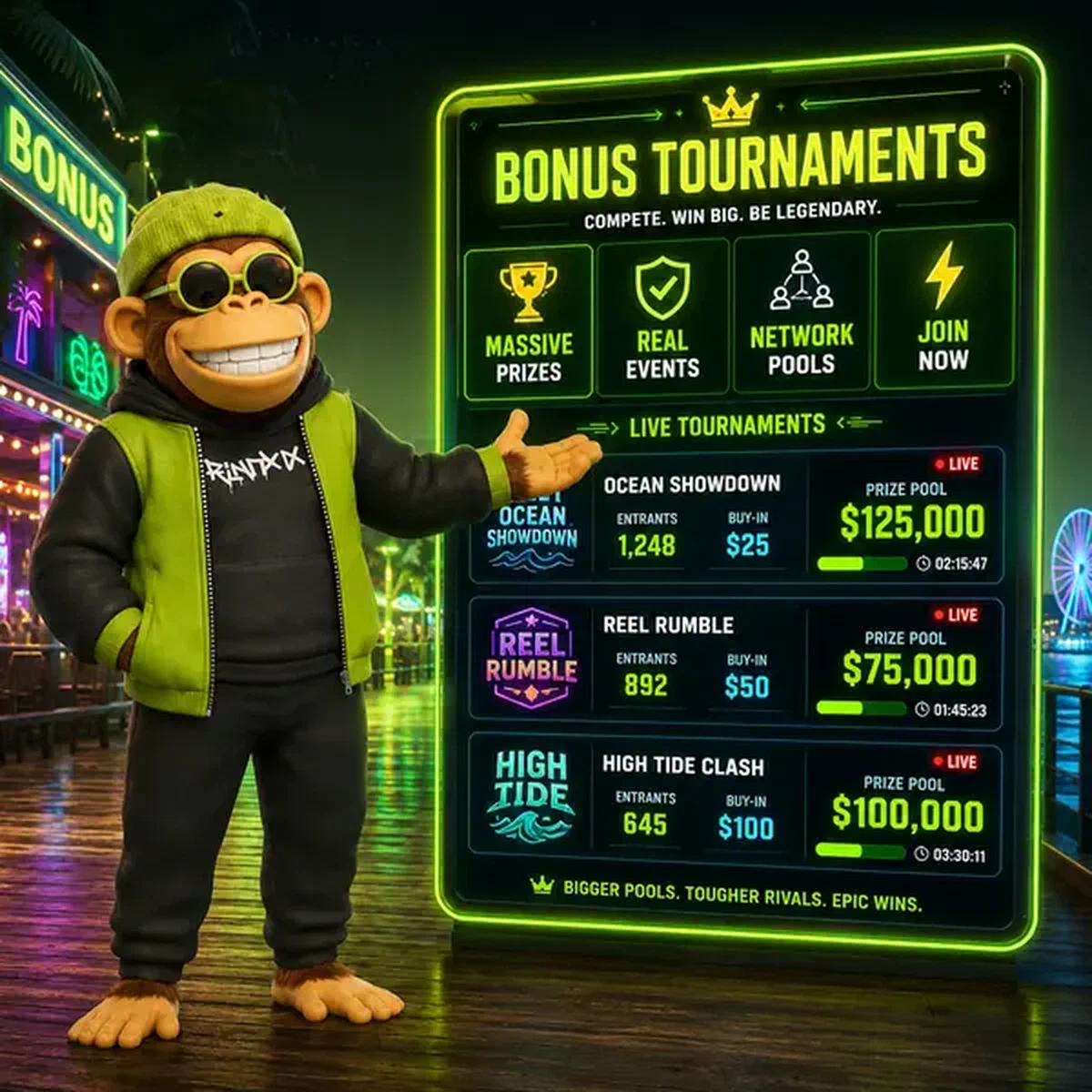 Straßenschlauer Affe veranstaltet Turniere bei Bonus Kong und zeigt massive Preiswettbewerbe auf digitalem Board