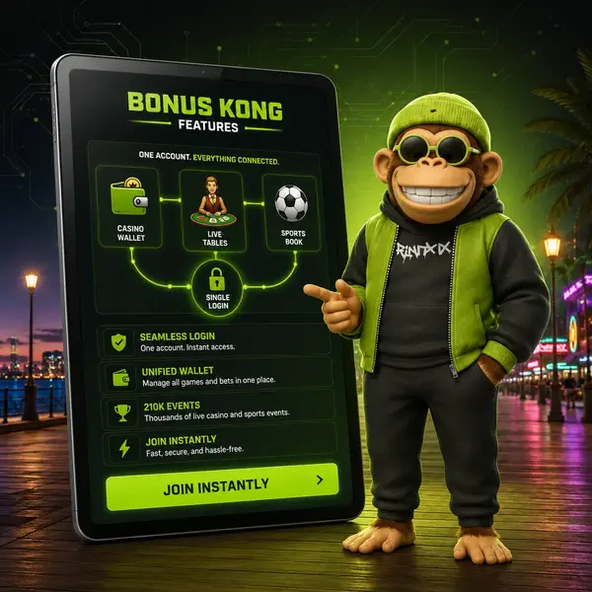 Bonus Kong Features auf Tablet angezeigt mit nahtlosem Login an neonbeleuchteter Strandpromenade
