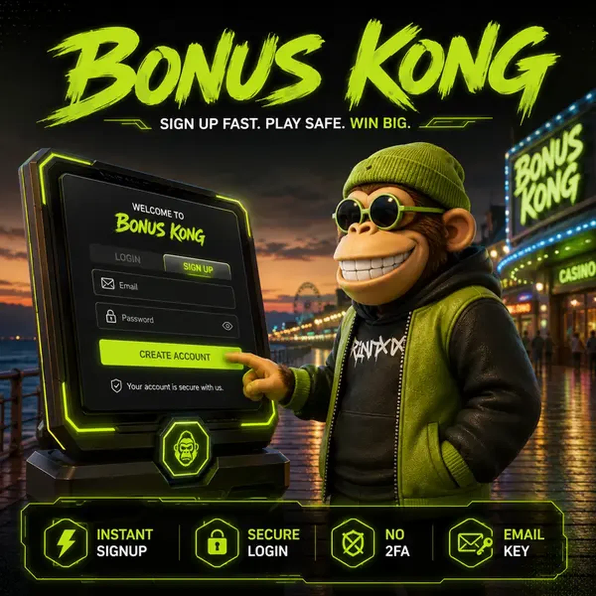 Bonus Kong meldet sich selbstbewusst am sicheren Neon-Login-Bildschirm an lebhafter Strandpromenade an